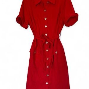 Y2K White Stag Linen Blend Midi, Size 16, Belted Dress